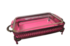 Anchor Hocking Fire King 1.5 Qt Baking Dish In Silver Plated Footed Hold... - $24.75