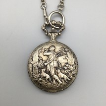 Vintage WE Pocket Watch Silver Tone Swiss Made Hunting Theme New Battery - $49.49