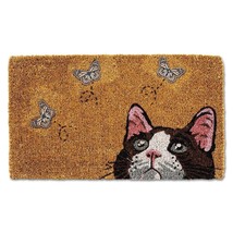 Cheeky Cat Doormat with Butterflies Durable Coir Fiber 18" x 30" Tan Black White