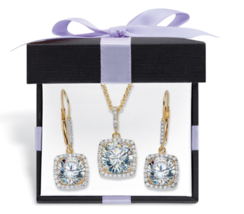 ROUND CZ SQUARED HALO EARRING NECKLACE GP SET 14K GOLD STERLING SILVER - $189.99