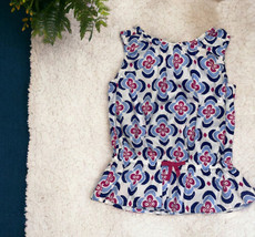 GYMBOREE Shirt Size 7 Top BLUE WHITE Pink Pattern Spring Summer Bow elastic - $19.79