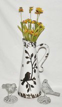 13" Bird Pitcher Vase w Floral Motif Brown White Distressed Crackle Glaze Vase - $39.00