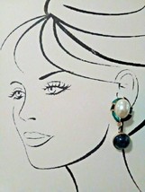 Vintage Clip Dangle Earrings Green Blk Enamel Faux Mabe Pearl & Reversible Drop - $36.00
