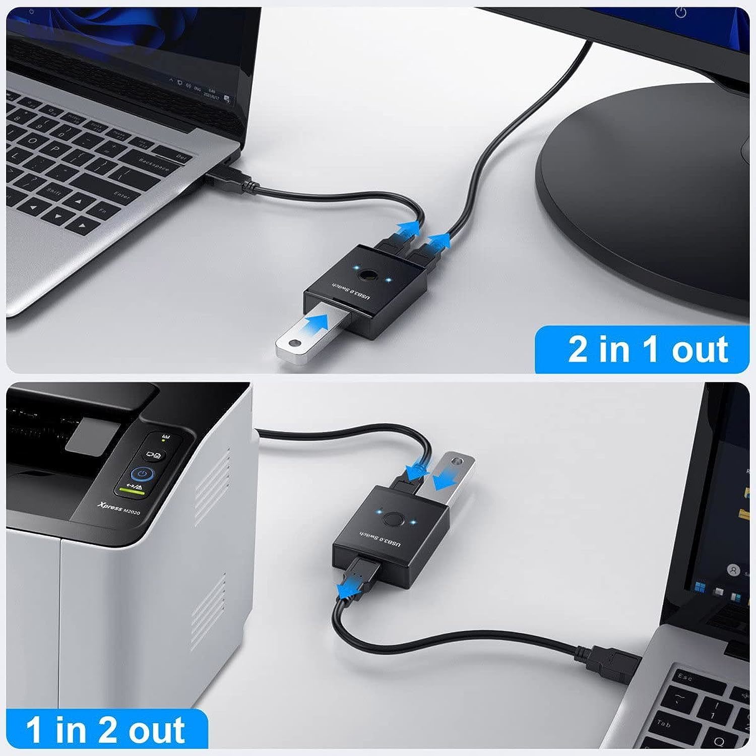  USB 3.0 Switch,Bi-Directional USB 3.0 Switch Selector, 2 in 1  Out / 1 in 2 Out USB Switcher for 2 PCs Share 1 USB Device or 1 PC Share 2  USB