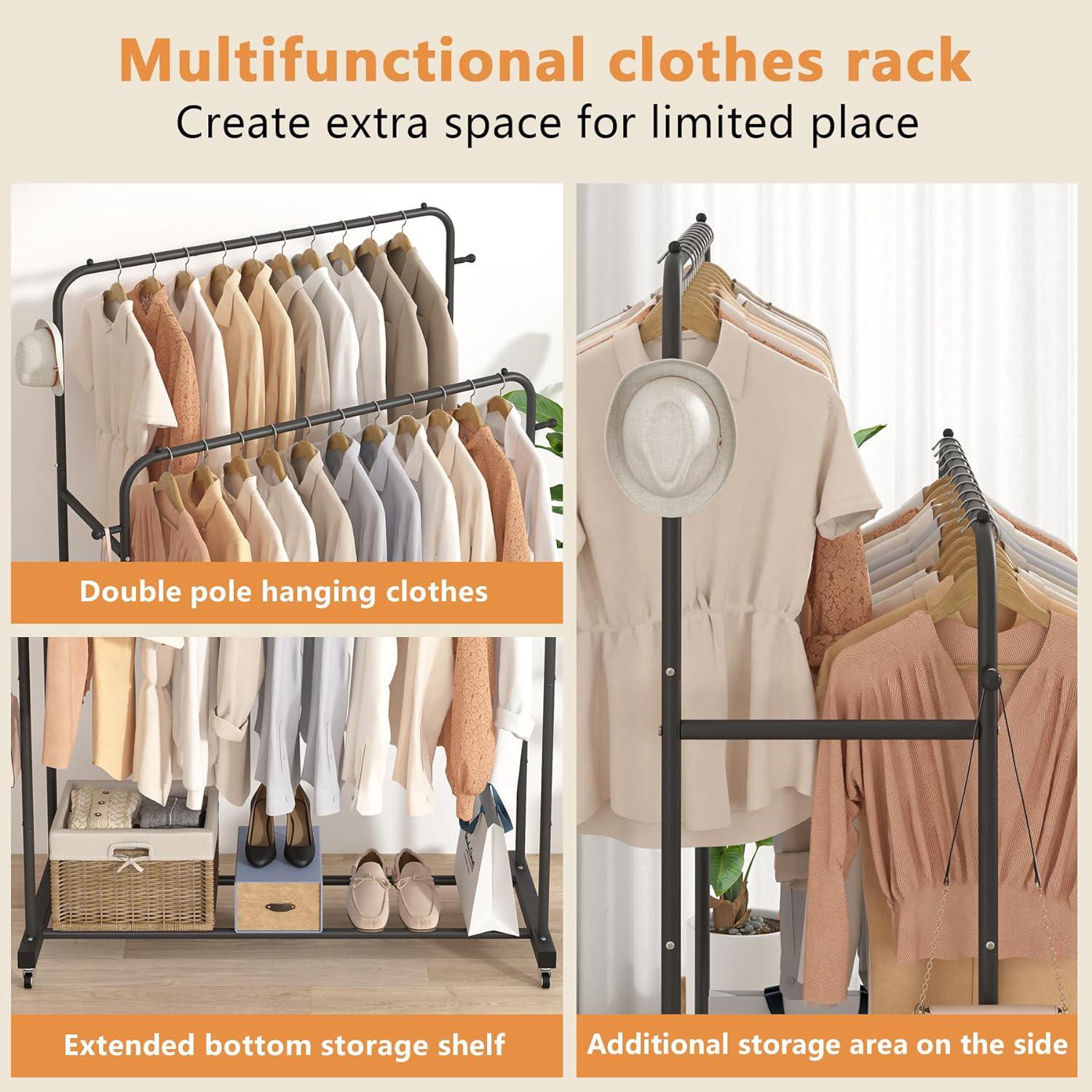 Laiensia Double Rods Garment Rack with Wheels, Clothing Rack - Garment ...