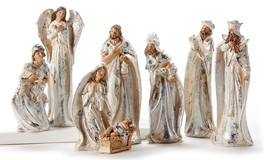Nativity Figurines Christmas 8 Piece Set Angel Jesus Mary Silver Cream Resin