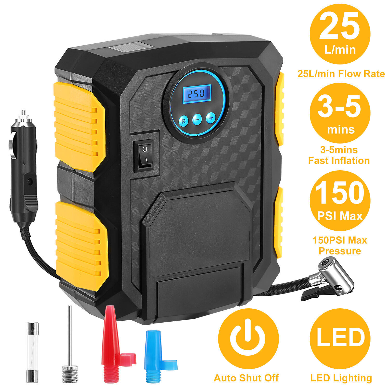 Portable Air Compressor Tire Inflator, 12V DC/110V AC Car Tire Pump, 150psi Auto Shut Off with Digital Pressure Gauge, Emergency LED Light for Cars