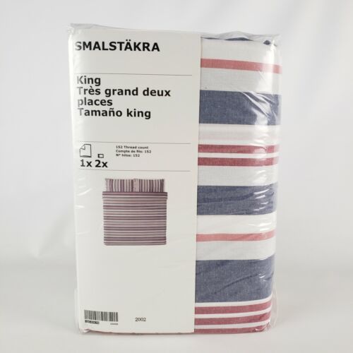 Ikea Smalstakra King Duvet Cover w/2 Pillowcases Bed Set Blue Red Stripe New - $59.94