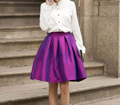 Purple A Line Knee Length Ruffle Party Skirt Women Taffeta Party Pleated Skirt 