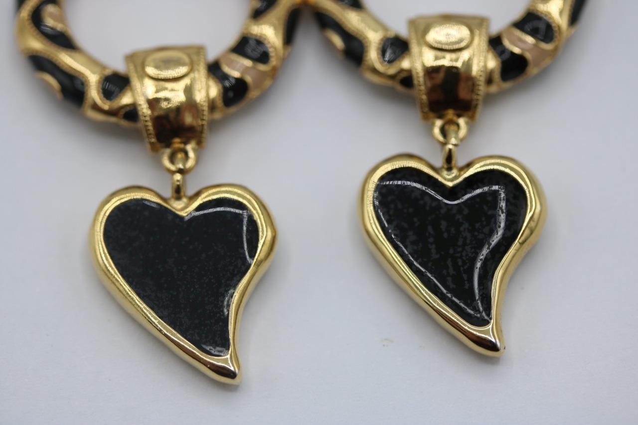 Chanel 2022 Icon Goldtone Black/Beige Enamel Circle Dangling Heart Earrings
