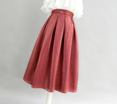 Burgundy Midi Party Skirt Outfit Glitter A-line Pleated Midi Skirt Plus Size image 2