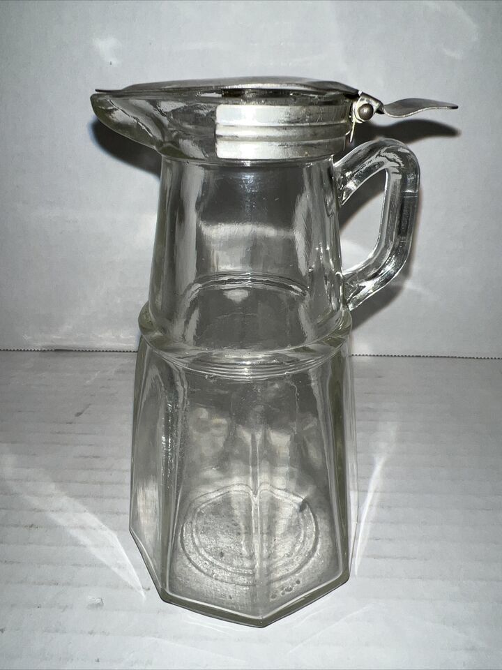 Antique EAPG Syrup Pitcher Dispenser Glass Hinged Metal Pewter