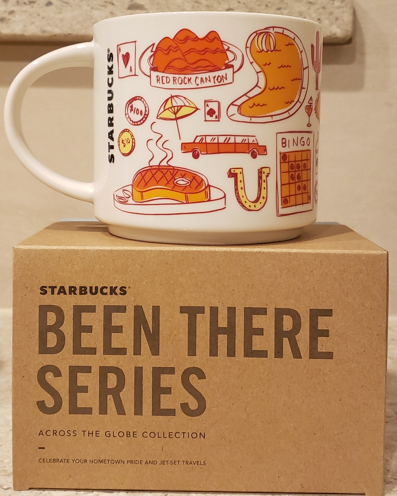 Starbucks Texas Coffee Mug with Limited Edition Texas Starbucks  Gift Card Collectible No Value, Been There Series Across The Globe  Collection White Orange Blue Ceramic Cup Gift Set, 14 FL