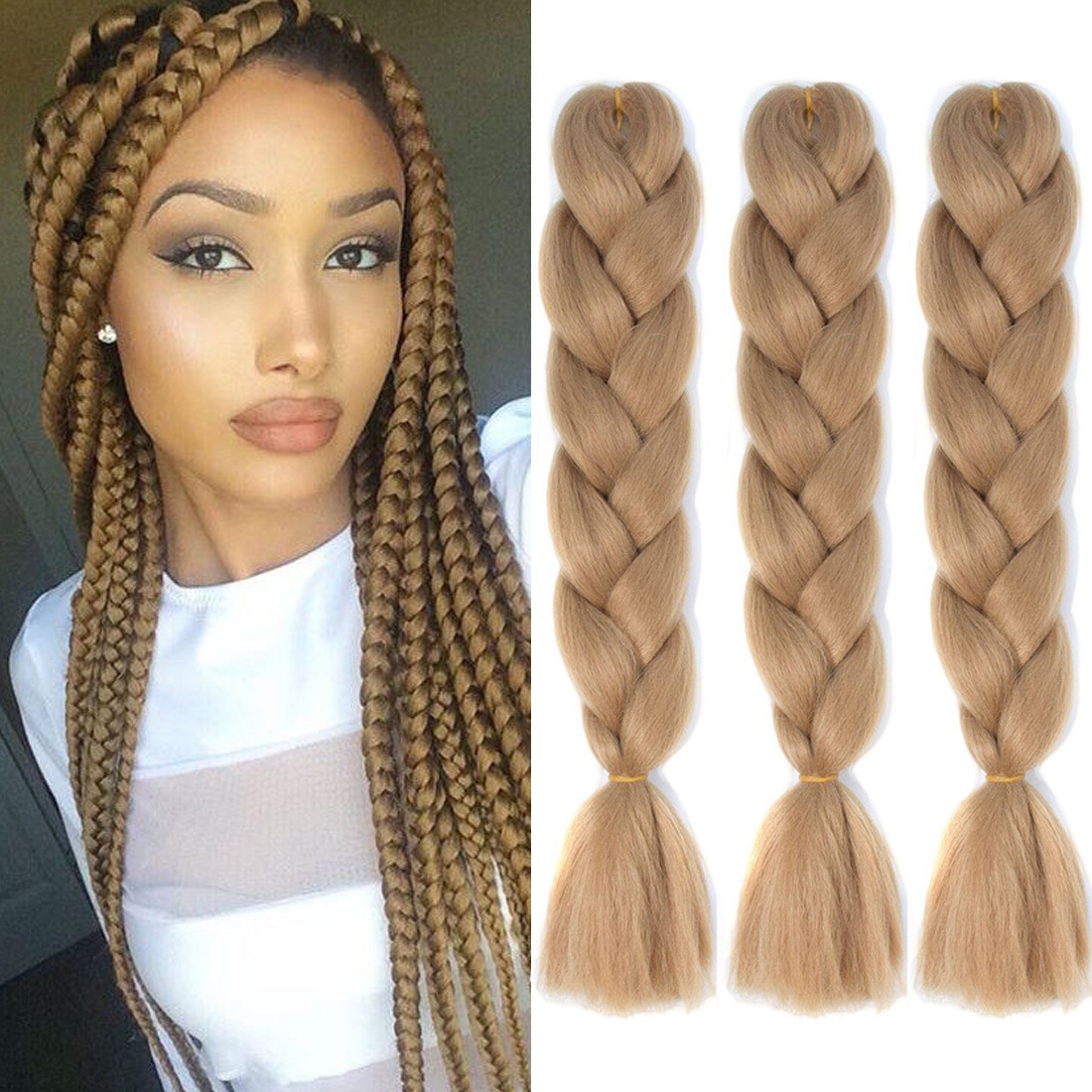 Original Jumbo Braids Hair Extension 3pcs Pure Blonde Color 24inch 100g/pc  For Twist Box Braiding Hair (613#)