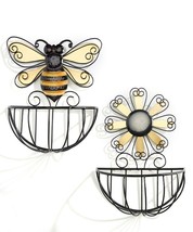 Bee Daisy Planters Wall Basket Set of 2 Yellow Black Metal Wire Garden Decor
