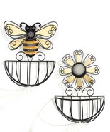 Bee Daisy Planters Wall Basket Set of 2 Yellow Black Metal Wire Garden Decor - $94.04