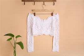 Off Shoulder V-Neck Long Sleeve Lace Crop Tops Boho Wedding Bridal Lace Top image 1