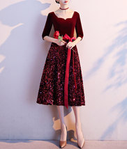 Burgundy Wine Red Half Sleeve Velvet Midi Dress High Waist Bridesmaid Midi Dress image 3