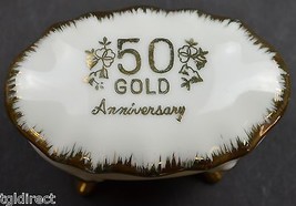 Vintage 50th Anniversary Footed Trinket Box Gold Embellishment Keepsake ... - $12.59