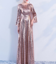 Long Sleeve Rose-Gold Maxi Sequin Dress Women Maxi Sequin Evening Gown Plus Size image 4