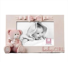 Pink Teddy Bear Photo Frame Baby Girl 9.1" Long Holds 4" x 6" Picture Poly Stone image 1