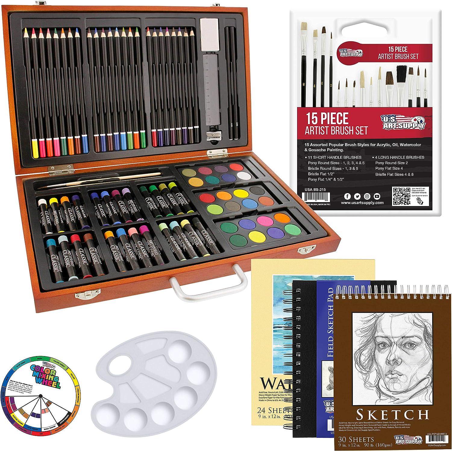 Deluxe Artist Painting Set with Aluminum and Solid Beech Wood Easel, 48  Acrylic, 24 Watercolor, 10 Canvases, 30 Brushes, Sketch Pad & More