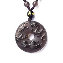 Natural ice Obsidian stone Dragon, phoenix pendant beaded necklace - $26.72