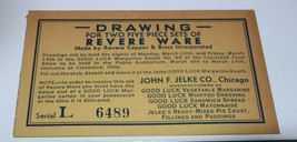 John F. Jelke and Co Raffle Drawing Ticket Cleveland Food Show- Likely 1... - $23.20