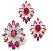 OVAL MARQUISE CUT RED RUBY CZ FLORAL GP SET 14K GOLD STERLING SILVER - $189.99