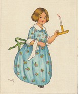 A/S Mary La Fetra Cute Girl In Blue Carrying Candle Antique Christmas Postcard - $10.00
