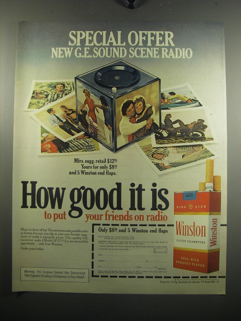 1972 Winston Cigarettes Ad Special Offer New G.E. Sound Scene Radio