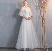 Light Gray Burgundy Blush Pink Blue Bridesmaid Dress Tulle Wedding Dress Sleeves image 1
