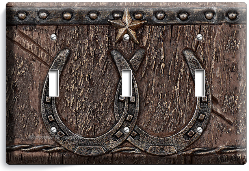 Primary image for RUSTIC WESTERN COWBOY LONE STAR LUCKY HORSESHOE TRIPLE LIGHT SWITCH WALL DECOR