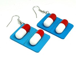 Pill Tablet Earrings Korean Harajuku Wooden Novelty Faux Medicine Blue Red White - $4.77