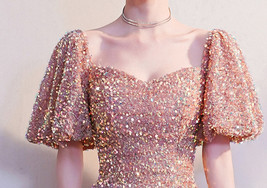 BLUSH PINK Maxi Sequin Dress GOWNS Vintage Sleeved High Waist Sequin Prom Dress image 8