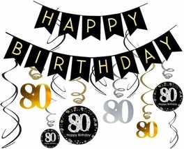 80Th Birthday Decorations Kit Gold Glitter Happy Birthday Banner Sparkling - $14.54