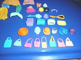 Polly Pocket Items Hats Wigs Purses Dresses Dog Basket Dish Lot 31 Misc Pieces - $18.04