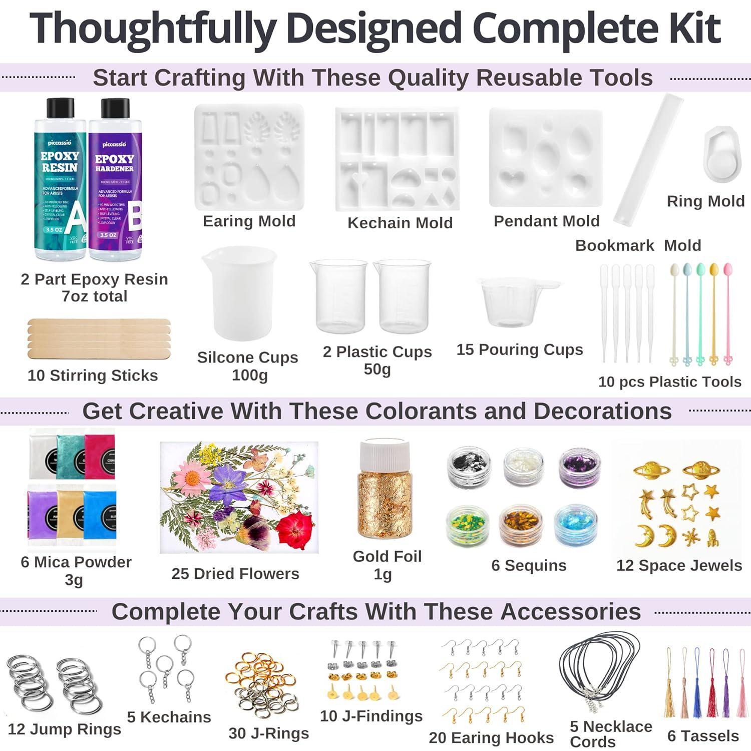 Piccassio Epoxy Resin Kit for Beginners 208 Pcs - Make Jewelry, Keychains, Bookmarks with Epoxy Resin Starter Kit - Resin Kit and Molds Complete Set