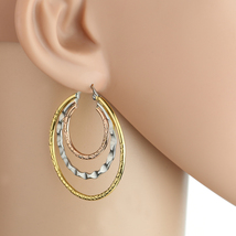 Tri-Color Silver, Gold & Rose Tone Multi Layered Hoop Earrings- United Elegance - $26.99