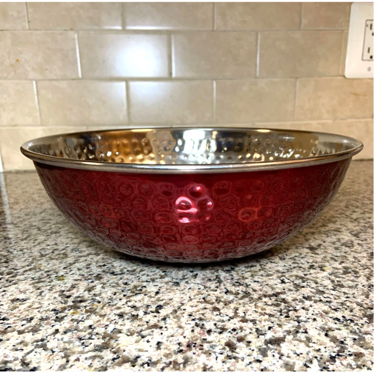 Decorative Round Dimple Hammered Two-Tone Stainless Steel Bowl Red 10