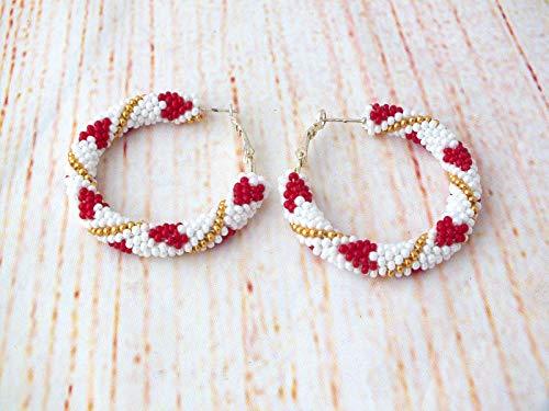 Red Heart Beaded Hoop Statement Post Drop Earrings Dangles for Women, Valentines - $20.00