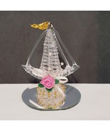 Clear Spun Glass Boat Ship Figurine on Mirror Gold Plated Flag Waves Vin... - $23.99