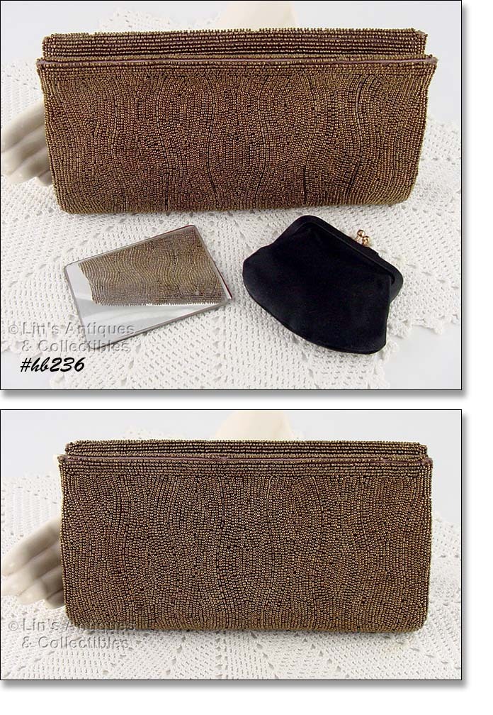 Japan Black Beaded Handbag Purse Evening Bag Made in Japan of Italian Glass  Beads Gold Tone Frame Vintage 50s La Regale