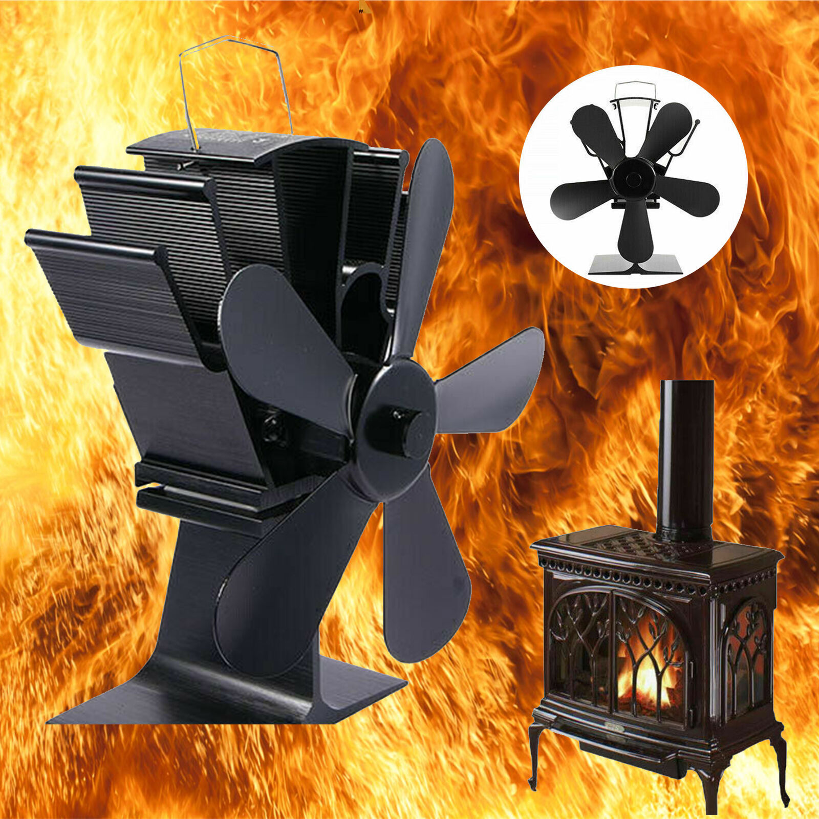 5 Blades Heat SelfPowered Wood Stove Fan Top Burner Fireplace Silent