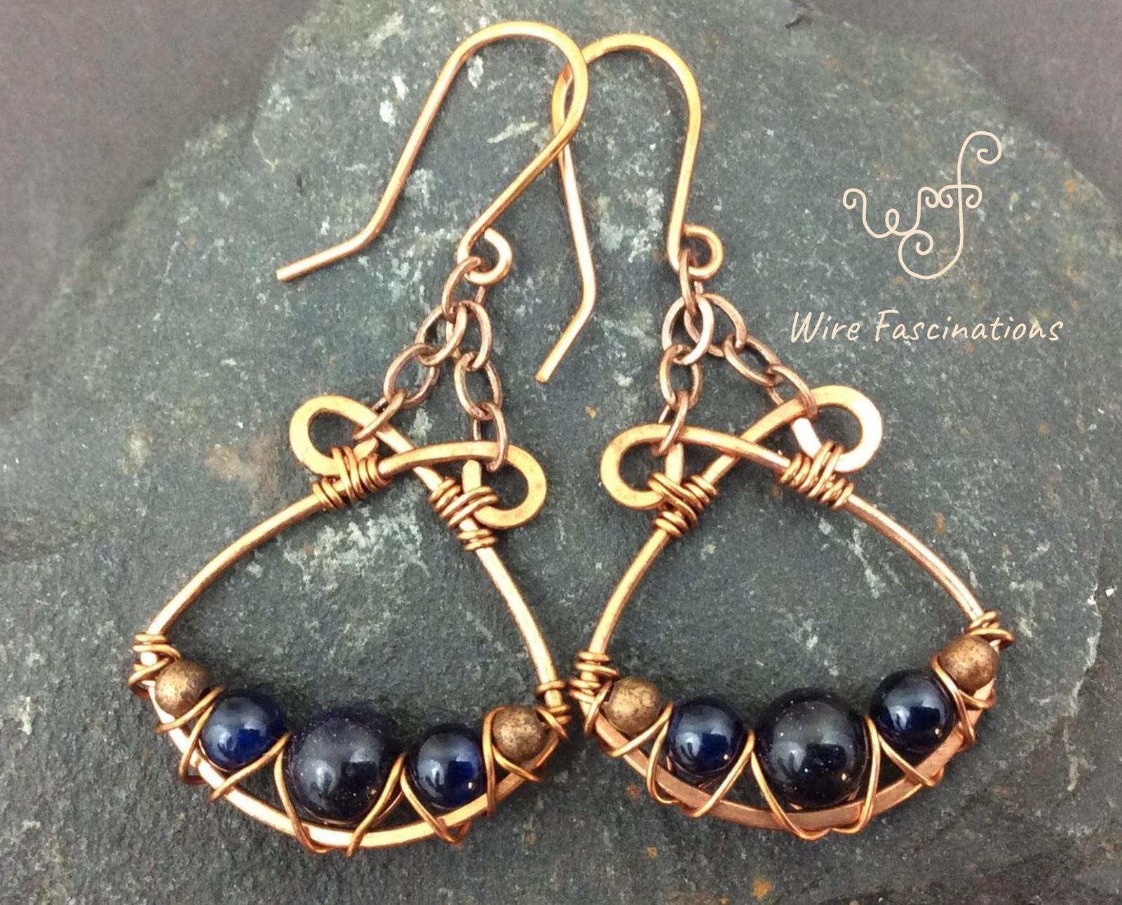 Handmade copper chandelier earrings: wire wrapped dark blue natural ...