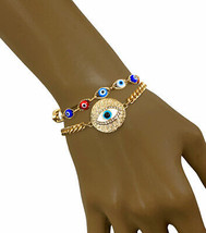 Set Of 2 Multicolor Luck Evil Eye Glass Beads Golden Chains Fashion Bracelets - $14.73