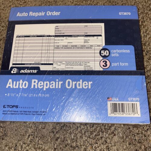 Adams Auto Repair Order Forms, 8.5 x 7.44 Inch, 3Part, Carbonless, 50