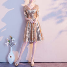 Knee Length Gold Sequin Dress Half Sleeve Sequin Gold Dress Wedding Guest Dress