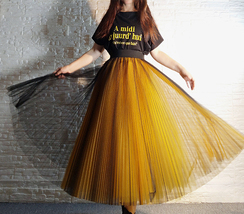 Women A Line Midi Tulle Skirt Outfit Black Yellow High Waist Full Pleated Outfit image 8