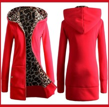  Long Red Front Zip Up Lined Leopard Print Medium Length Hooded Parka Jacket image 1